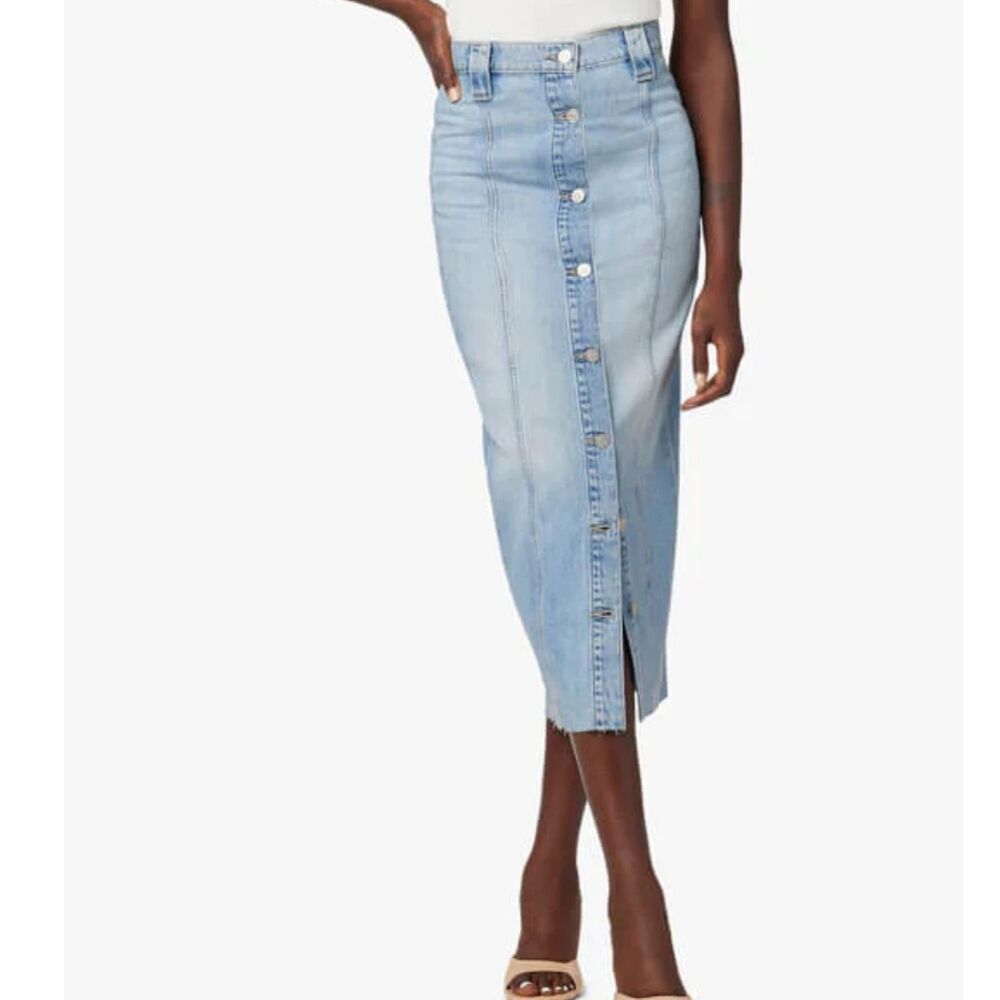 Hudson Jeans Midi Pencil Denim Skirt Light Wash 29 Button Front Raw Hem